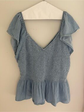 GAP Light Blue Smocked Peplum Blouse with Flutter Sleeves